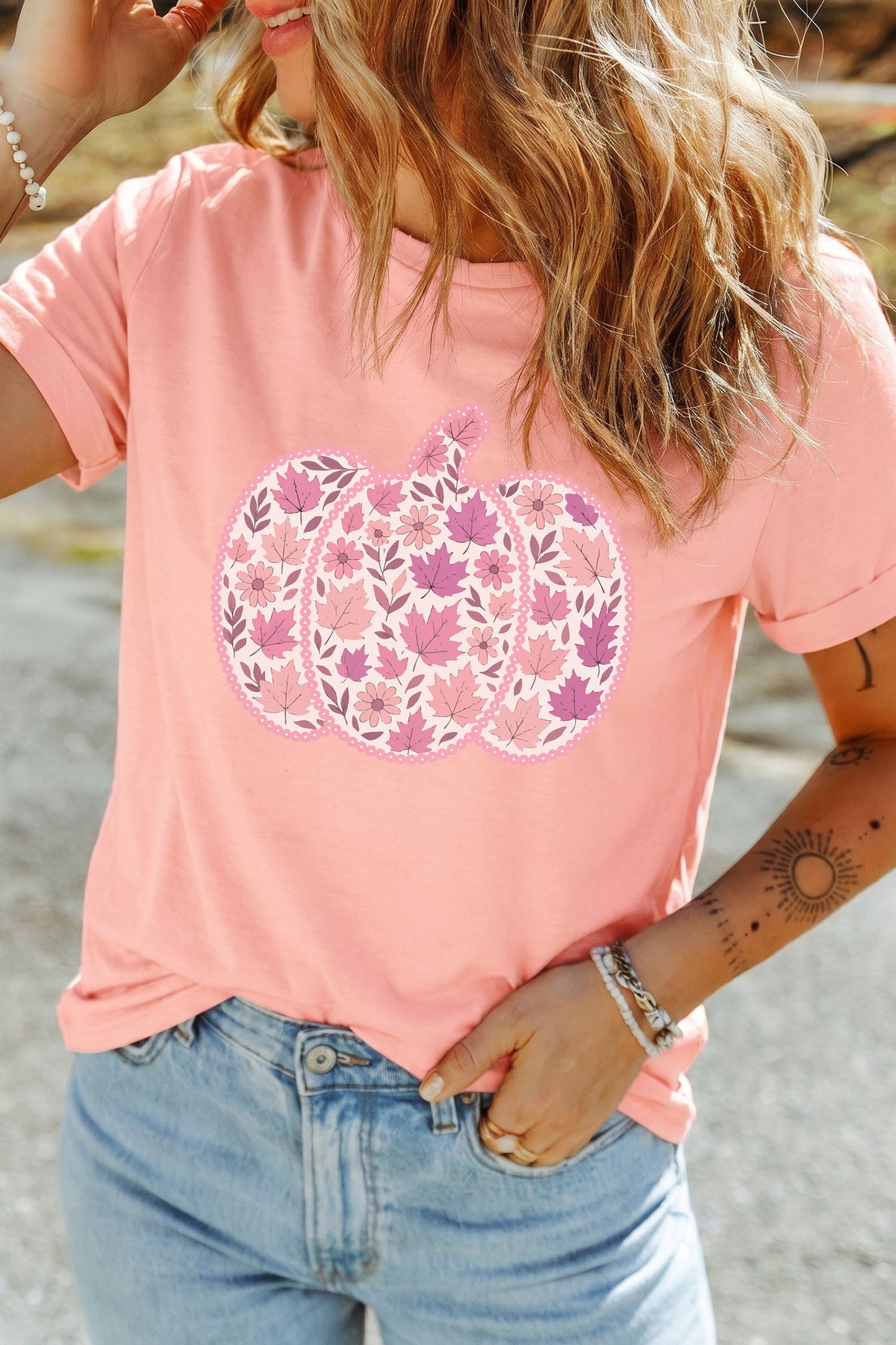 Pink Leafy Floral Pumpkin Graphic Casual Round Neck T Shirt