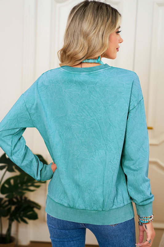 Sea Green saved by grace Letter Embroidery Mineral Wash Loose Sweatshirt