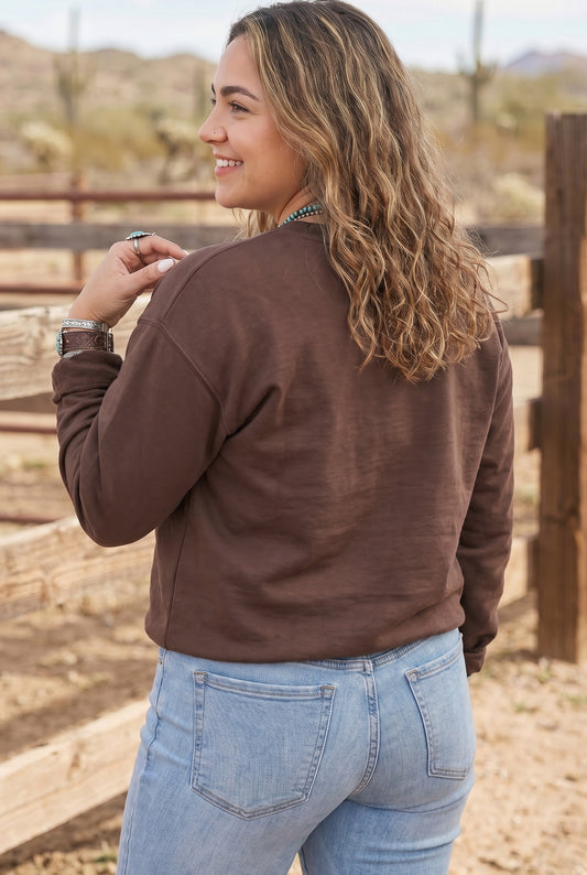 Coffee PRAY Letter Patchwork Round Neck Long Sleeve Plus Size Sweatshirt