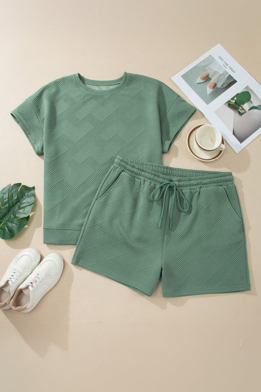 Mineral Blue Plus Size Textured Short Sleeve Top Drawstring Shorts Set