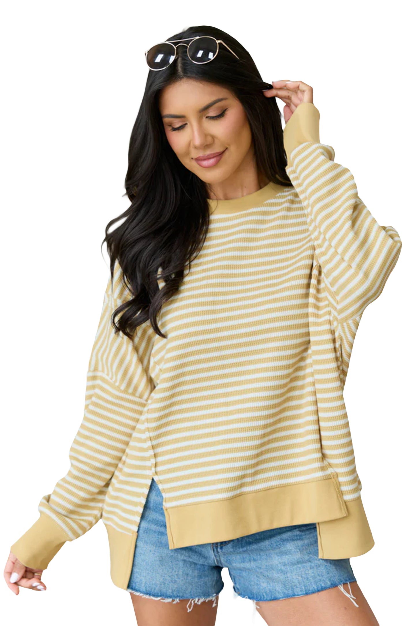 Pink Stripe Textured Knit Color Block Trim Split Hem Long Sleeve Top