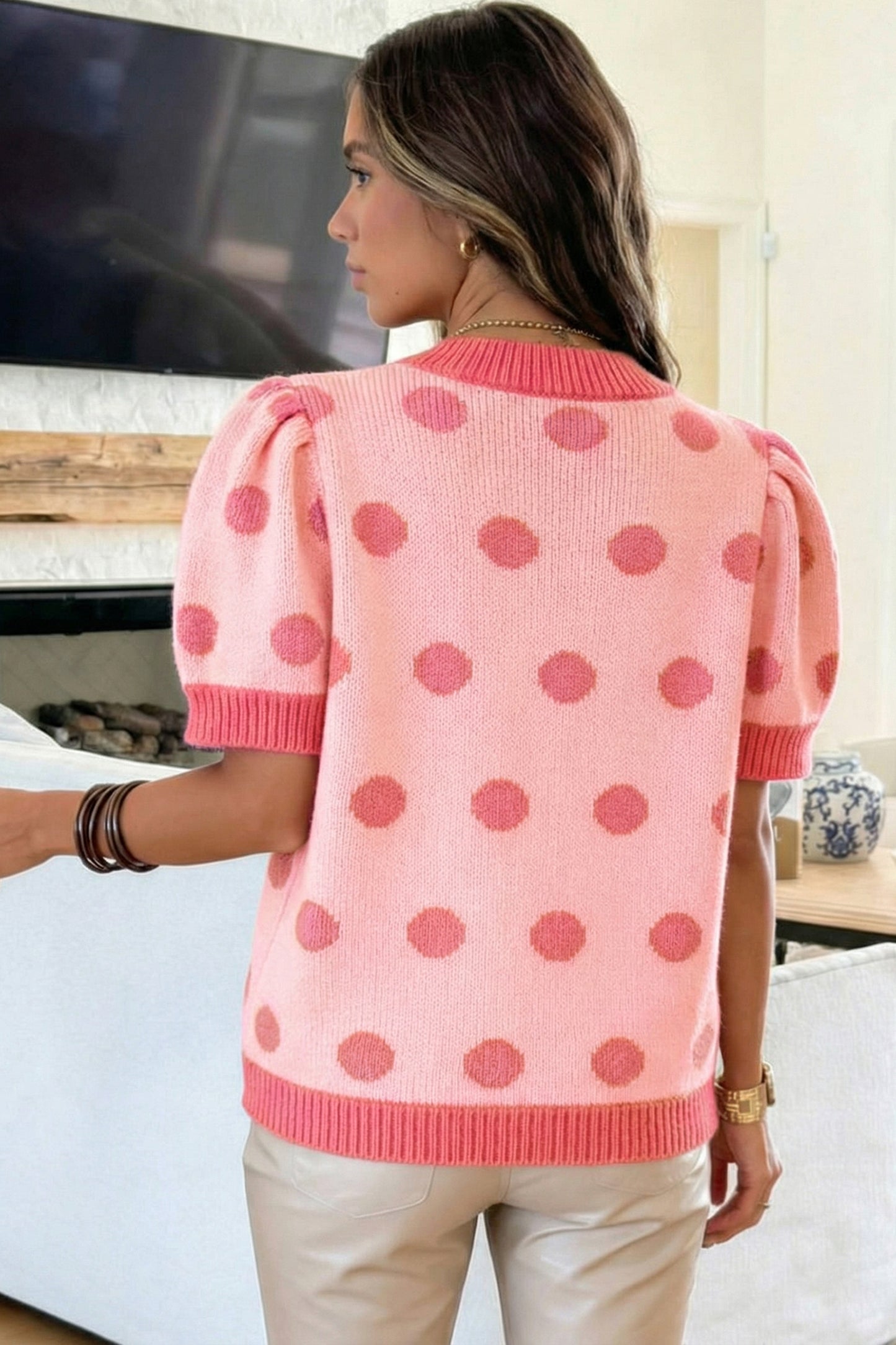 Light Blue Polka Dot Puff Short Sleeve Sweater Top