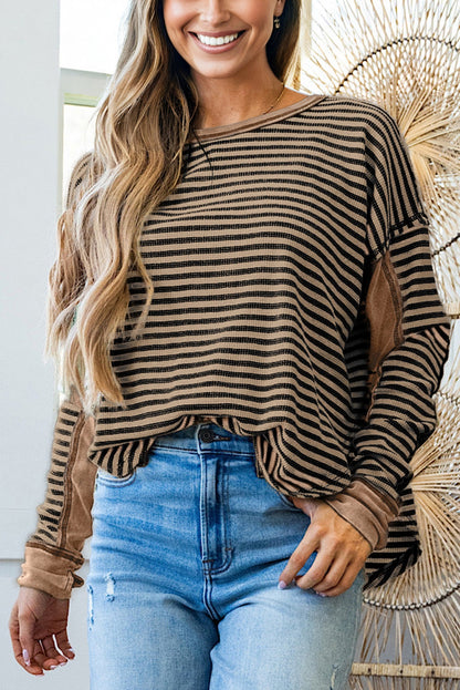 Green Striped Patchwork Knit Drop Shoulder Top
