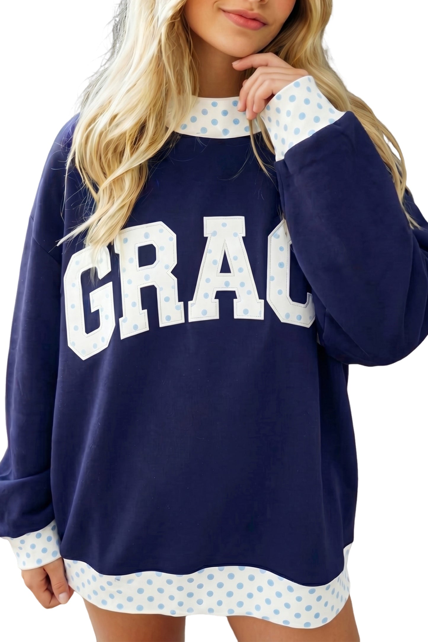 Dirty blue Plaid Trim High Neck GRACE Letter Graphic Baggy Sweatshirt