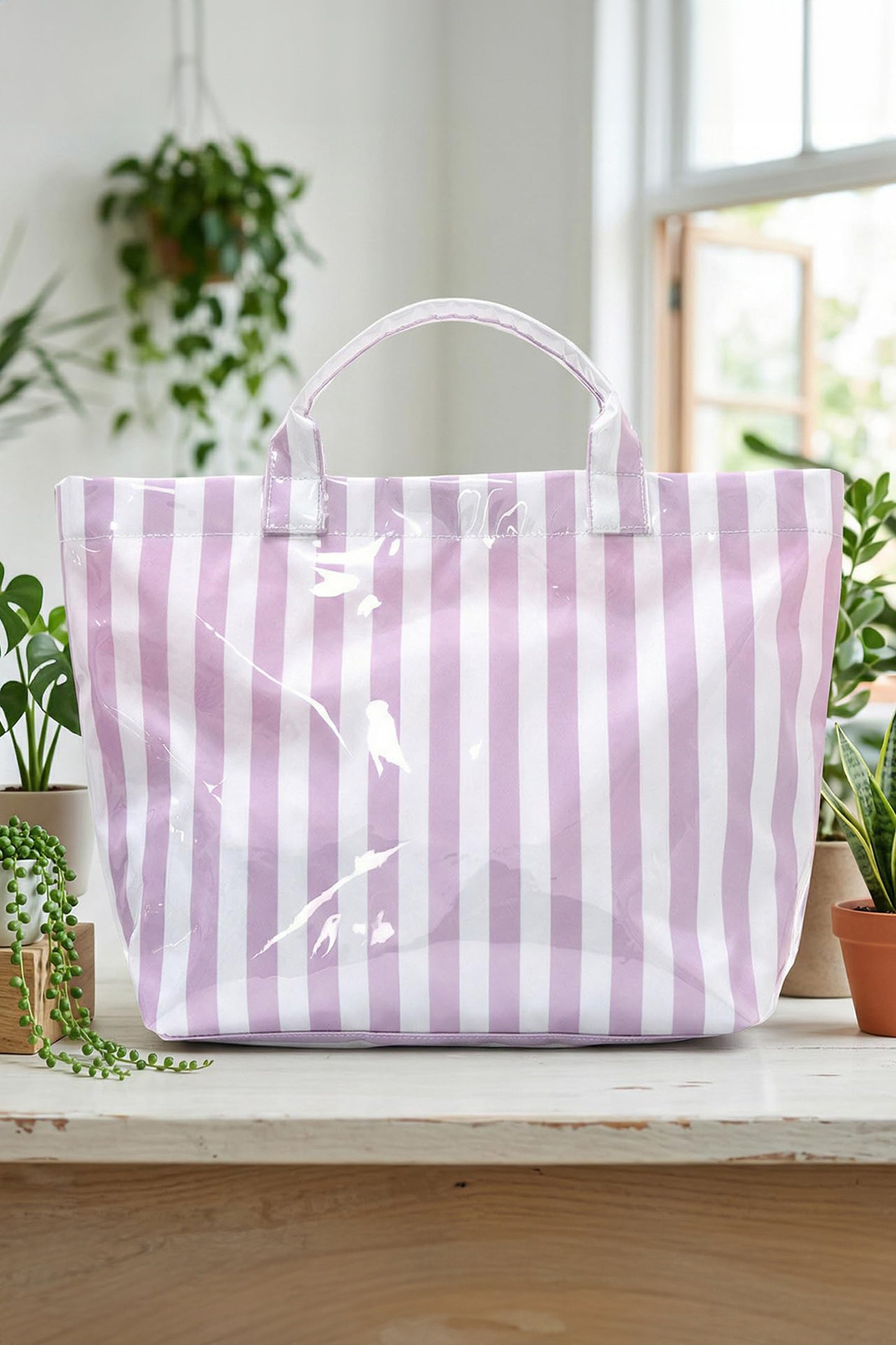 Light Blue Glossy Striped Vinyl Large Tote Bag (Batch Color Gap)