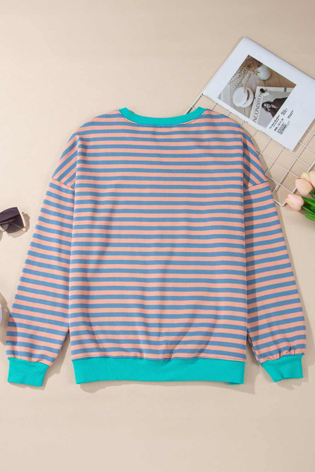 White Striped Contrast Trim Drop Shoulder Sweatshirt
