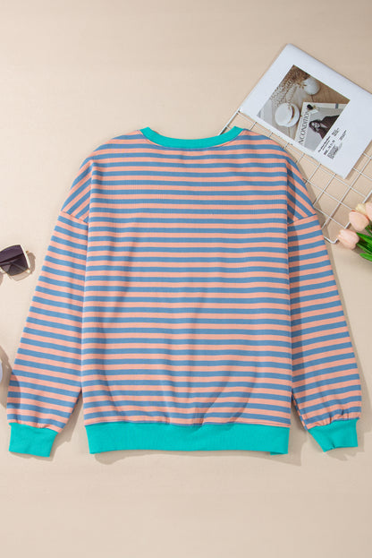 White Striped Contrast Trim Drop Shoulder Sweatshirt