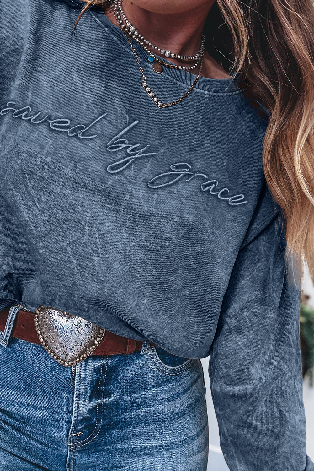 Sea Green  saved by grace Letter Embroidery Mineral Wash Loose Sweatshirt