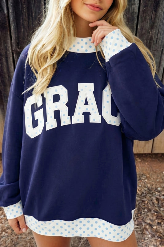 Dirty blue Plaid Trim High Neck GRACE Letter Graphic Baggy Sweatshirt