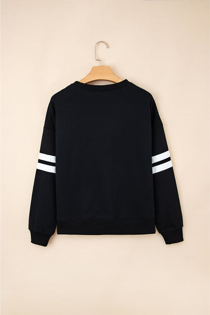 Navy Blue Preppy Striped Sleeve Loose Sweatshirt