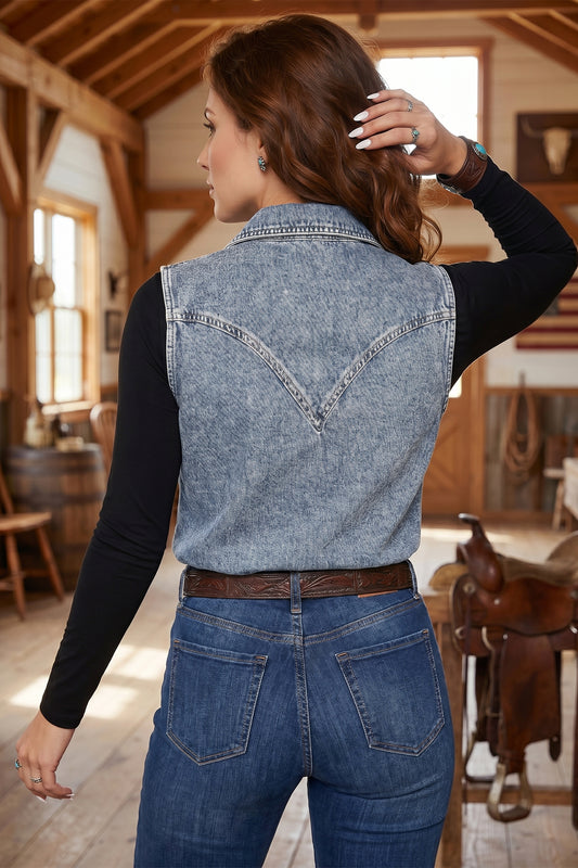 Ashleigh Blue Solid Denim Button Front Pocket Sleeveless Cowboy Vest