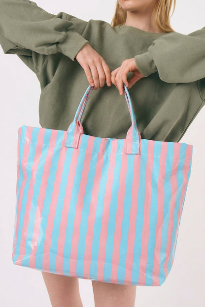 Light Blue Glossy Striped Vinyl Large Tote Bag (Batch Color Gap)