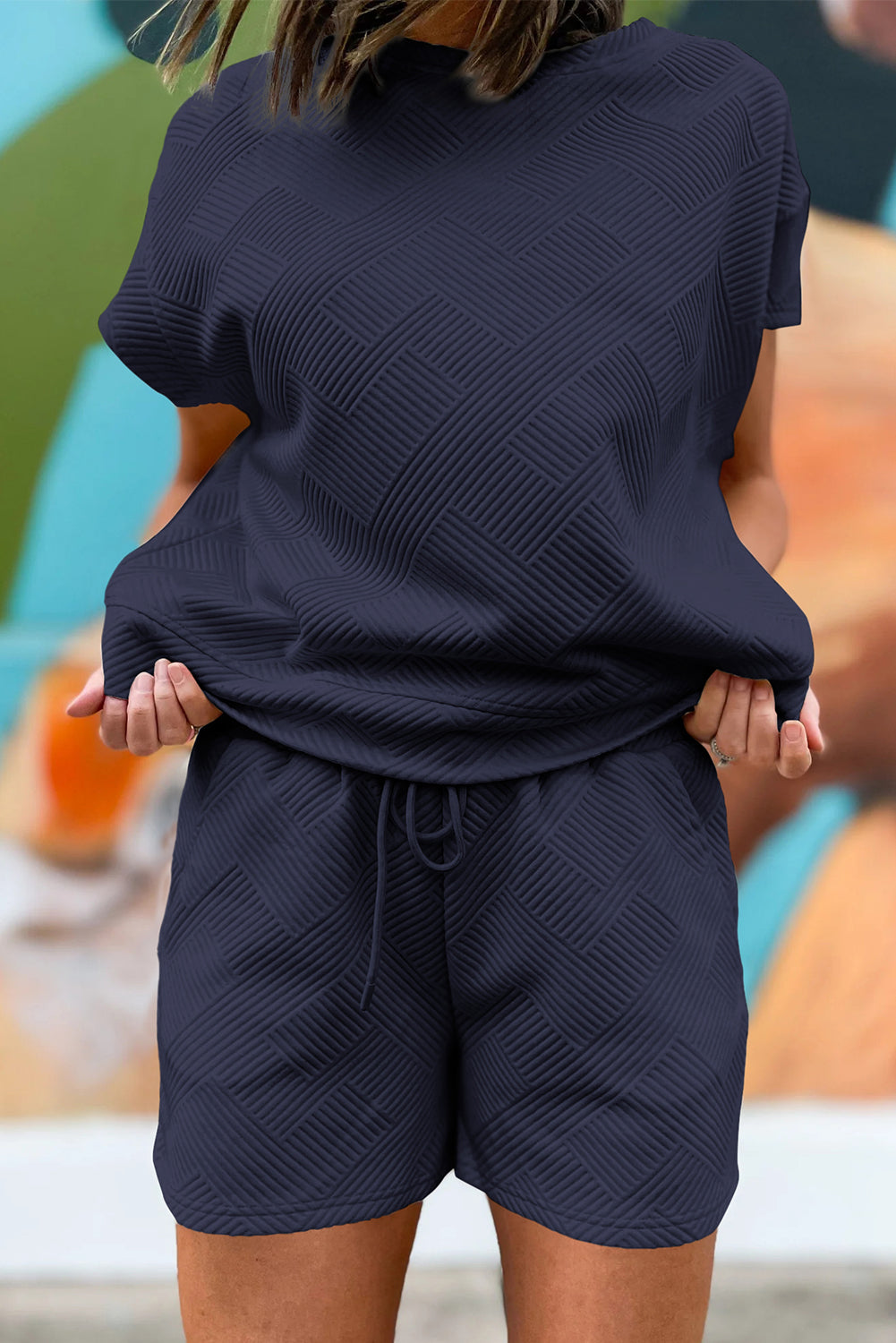Dark Blue Textured Short Sleeve Top and Shorts Set