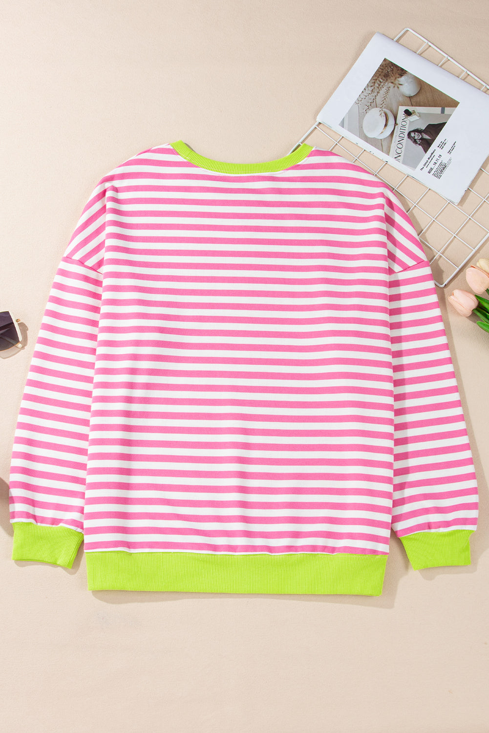 White Striped Contrast Trim Drop Shoulder Sweatshirt