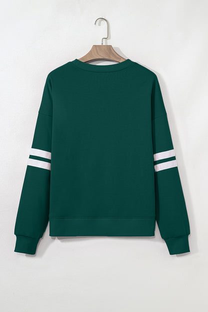 Navy Blue Preppy Striped Sleeve Loose Sweatshirt