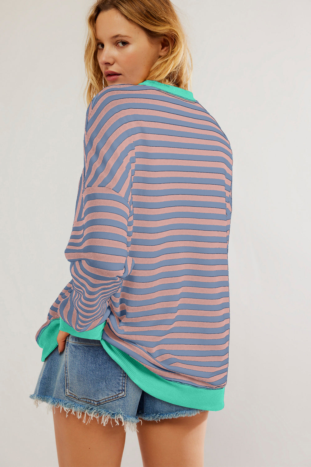 White Striped Contrast Trim Drop Shoulder Sweatshirt