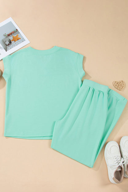Bonbon Solid Color V Neck Tee Drawstring Pant Set