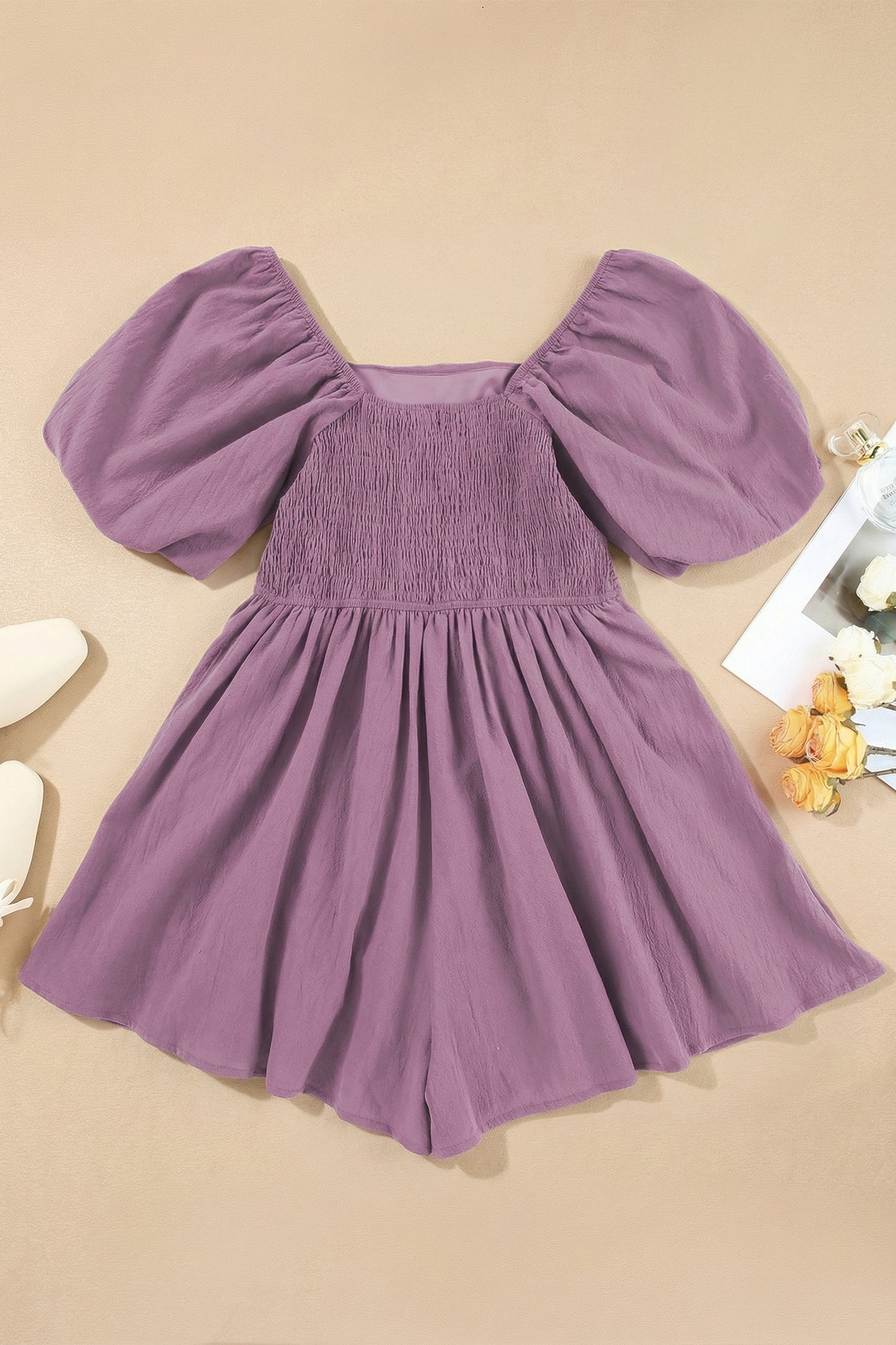 Sky Blue Brown Square Neck Ruched Puff Sleeve Romper