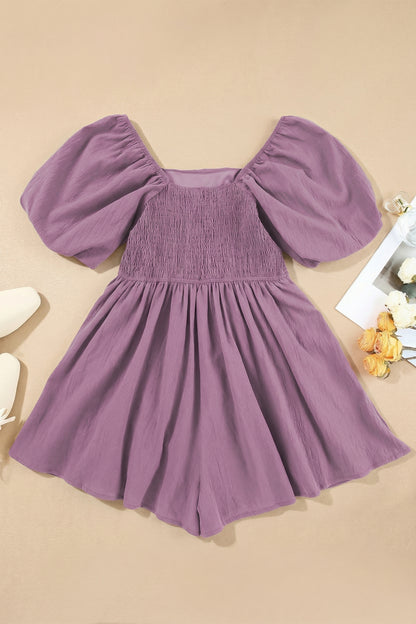 Sky Blue Brown Square Neck Ruched Puff Sleeve Romper