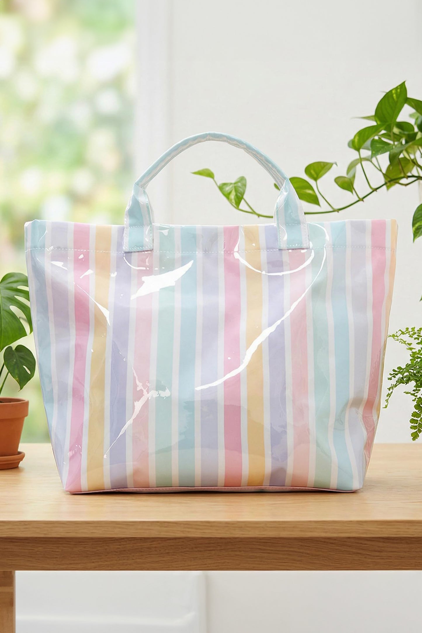 Light Blue Glossy Striped Vinyl Large Tote Bag (Batch Color Gap)