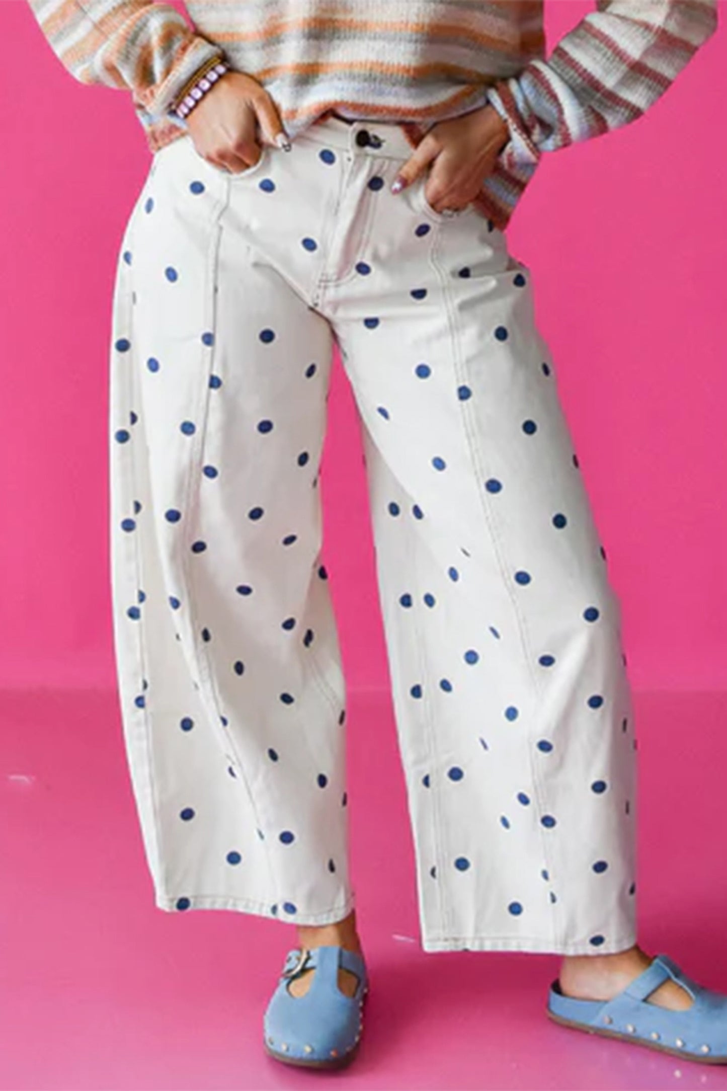 Pink Polka Dot Print Seam Detail Barrel Jeans