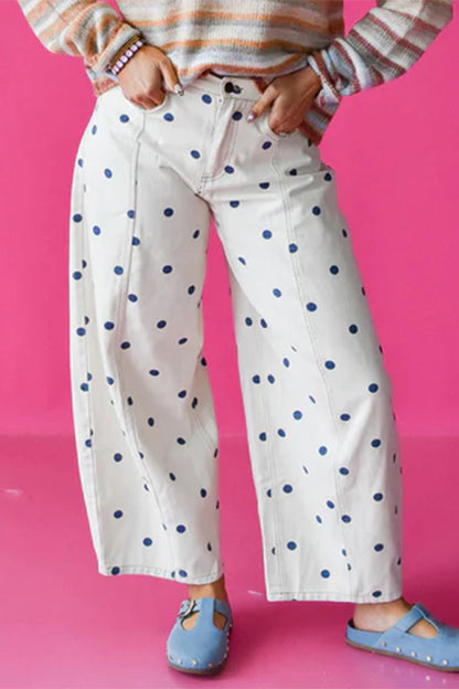 Pink Polka Dot Print Seam Detail Barrel Jeans