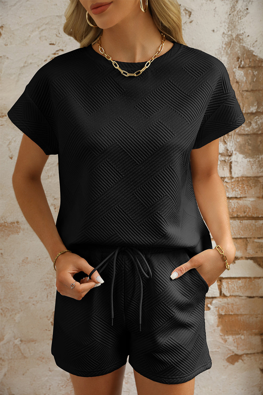 Dark Blue Textured Short Sleeve Top and Shorts Set