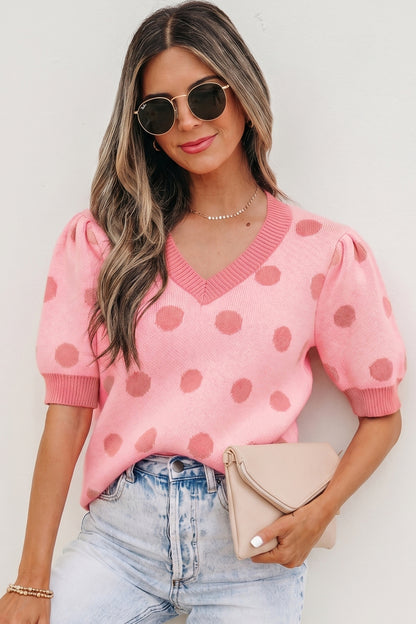 Light Blue Polka Dot Puff Short Sleeve Sweater Top