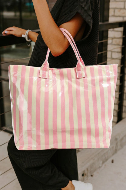 Light Blue Glossy Striped Vinyl Large Tote Bag (Batch Color Gap)