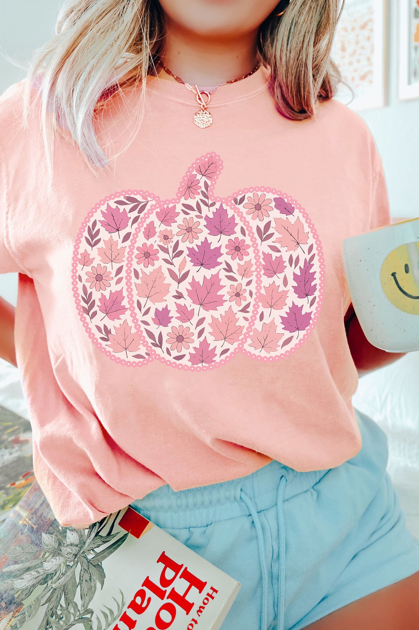Pink Leafy Floral Pumpkin Graphic Casual Round Neck T Shirt