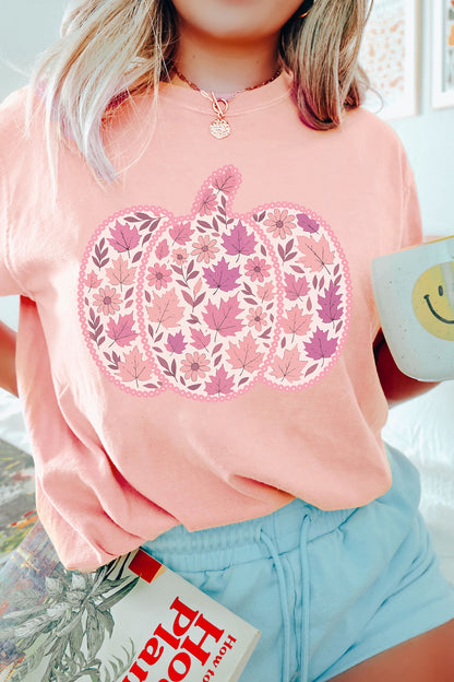 Pink Leafy Floral Pumpkin Graphic Casual Round Neck T Shirt