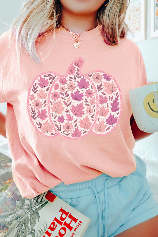 Pink Leafy Floral Pumpkin Graphic Casual Round Neck T Shirt