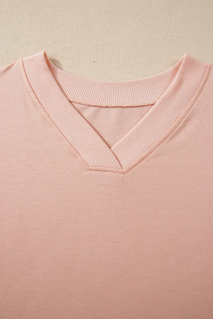 Bonbon Solid Color V Neck Tee Drawstring Pant Set