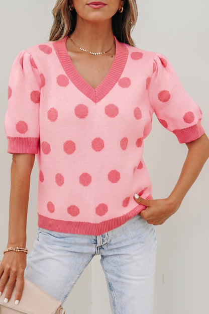 Light Blue Polka Dot Puff Short Sleeve Sweater Top