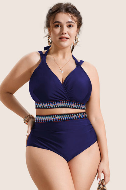 Navy Blue Embroidered Trim Wrap Tie Knot Plus Size High Waisted Bikini Set