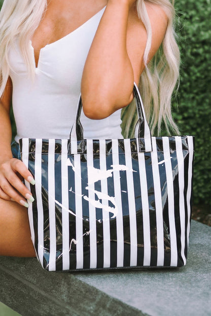 Light Blue Glossy Striped Vinyl Large Tote Bag (Batch Color Gap)