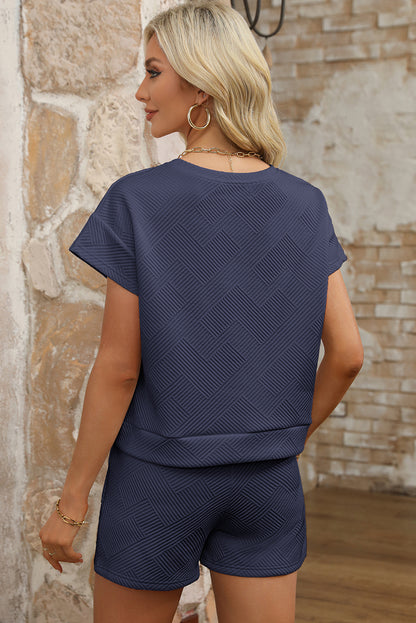 Dark Blue Textured Short Sleeve Top and Shorts Set