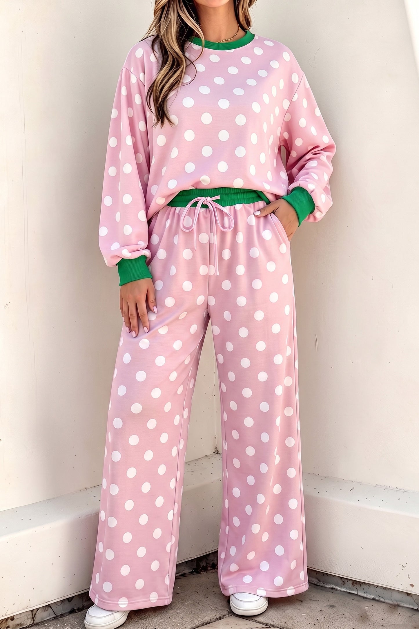 Sky Blue Polka Dot Contrast Trim Long Sleeve Top Drawstring Shift Pants Set