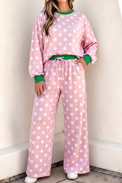 Sky Blue Polka Dot Contrast Trim Long Sleeve Top Drawstring Shift Pants Set