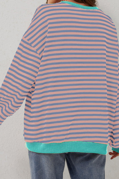 White Striped Contrast Trim Drop Shoulder Sweatshirt