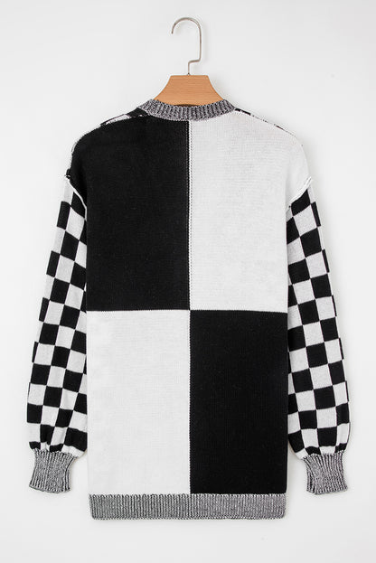 Brown Checkered Open Front Drop Shoulder Cardigan