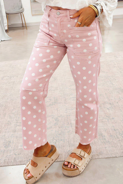 Pink Polka Dot Casual Slim Fit Jeans