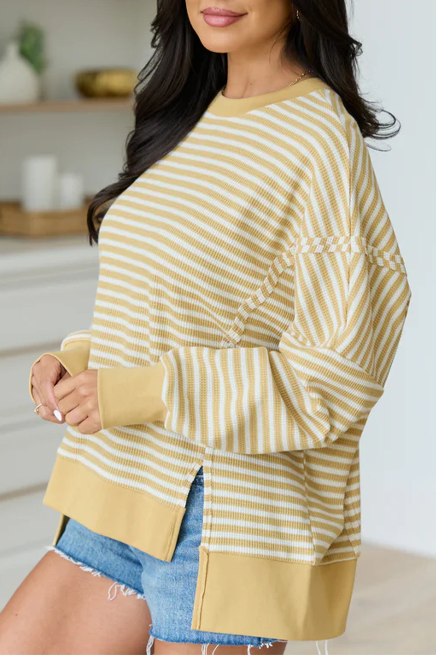 Pink Stripe Textured Knit Color Block Trim Split Hem Long Sleeve Top