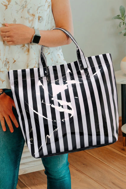 Light Blue Glossy Striped Vinyl Large Tote Bag (Batch Color Gap)