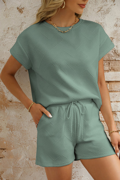 Dark Blue Textured Short Sleeve Top and Shorts Set