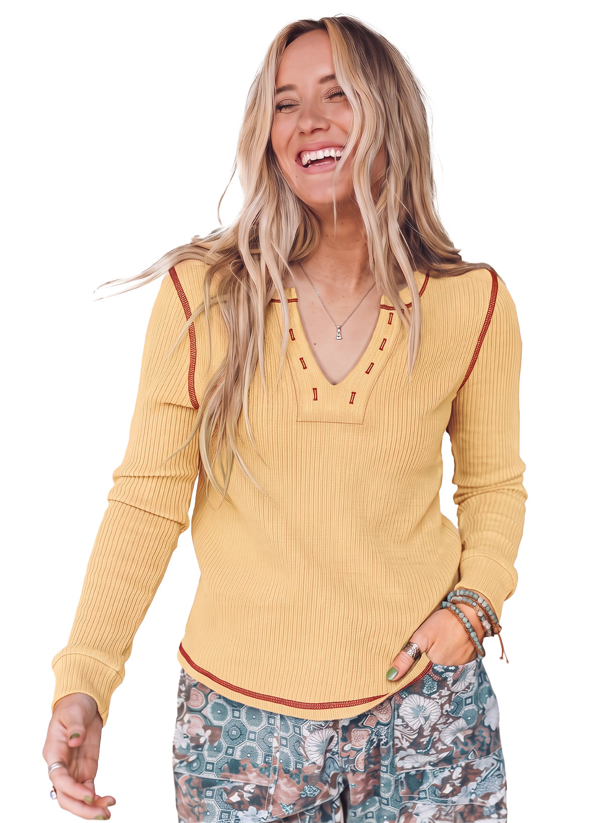 Peacock Blue V Neck Ribbed Stitched Detail Long Sleeve Top