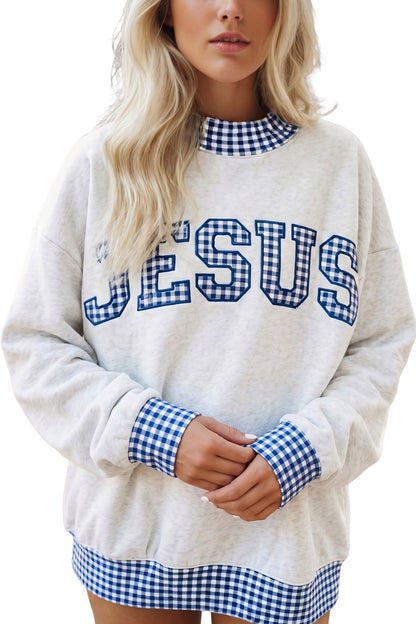 Dirty blue Plaid Trim High Neck GRACE Letter Graphic Baggy Sweatshirt