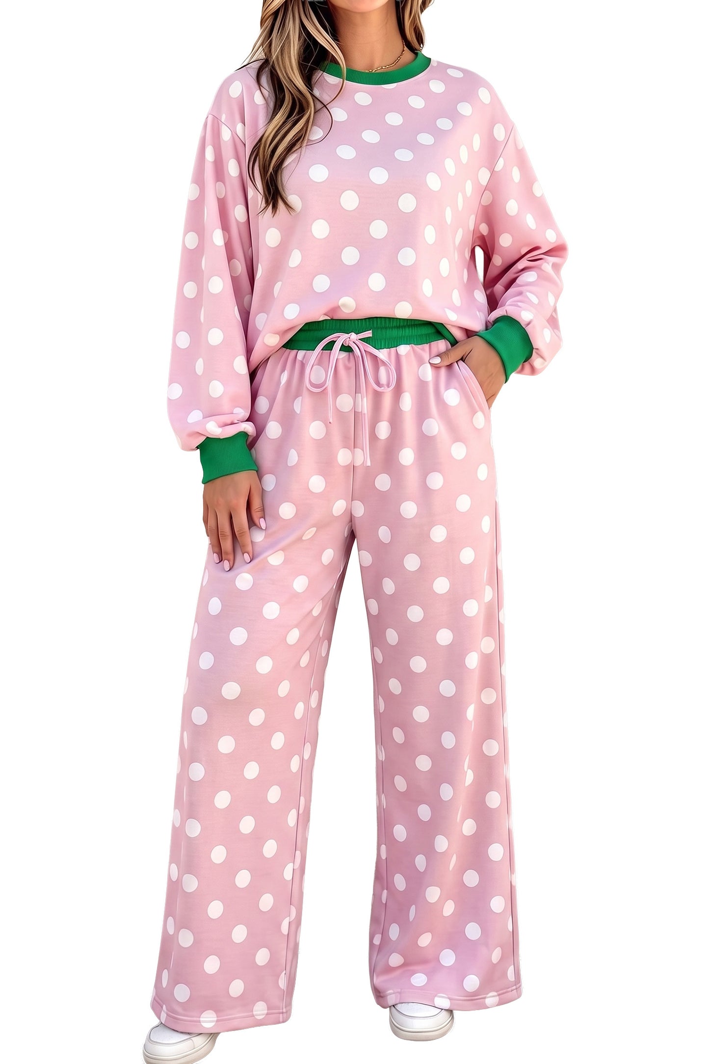 Sky Blue Polka Dot Contrast Trim Long Sleeve Top Drawstring Shift Pants Set