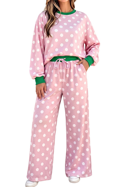 Sky Blue Polka Dot Contrast Trim Long Sleeve Top Drawstring Shift Pants Set