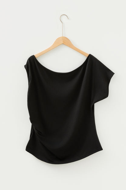 Burgundy Plus Size Solid Color Asymmetric Neck Short Sleeve Blouse
